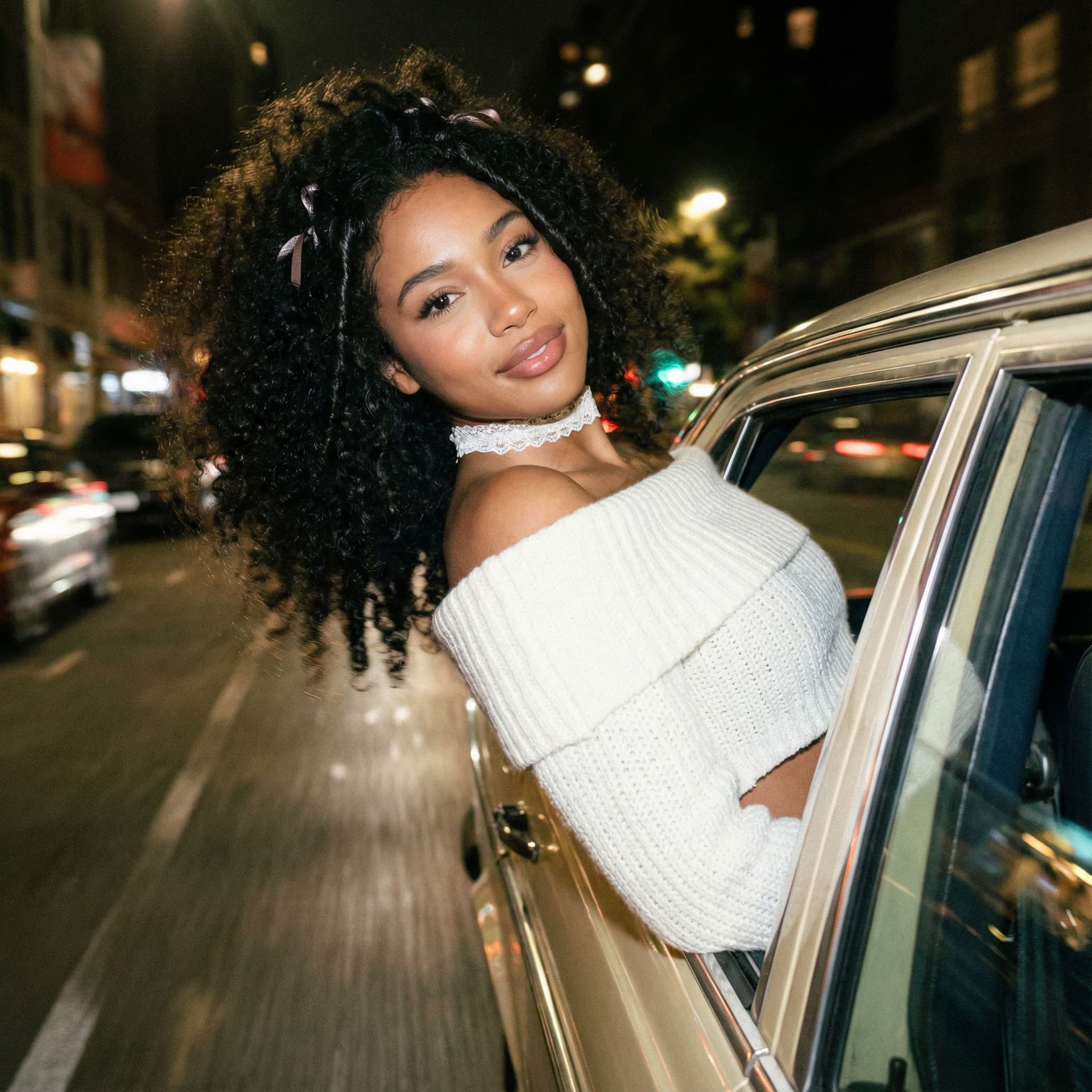 AI generated: Create a ccolor photo of me leaning my back out the window car like a dark dreamy blurry vintage win...