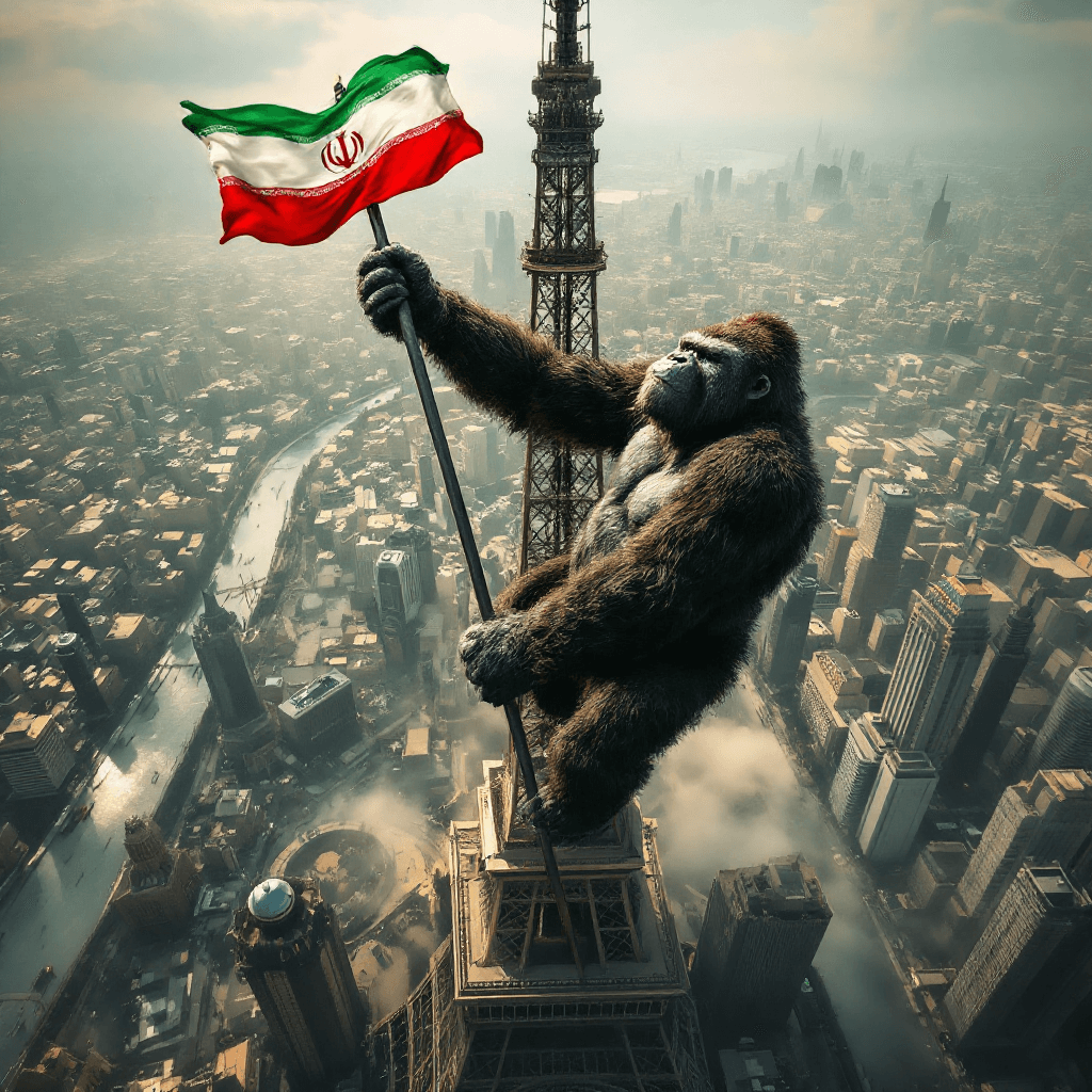 AI generated: king Kong climbing the Milad Tower, holding a Iran flag attached to a metal pole in one hand, in a c...