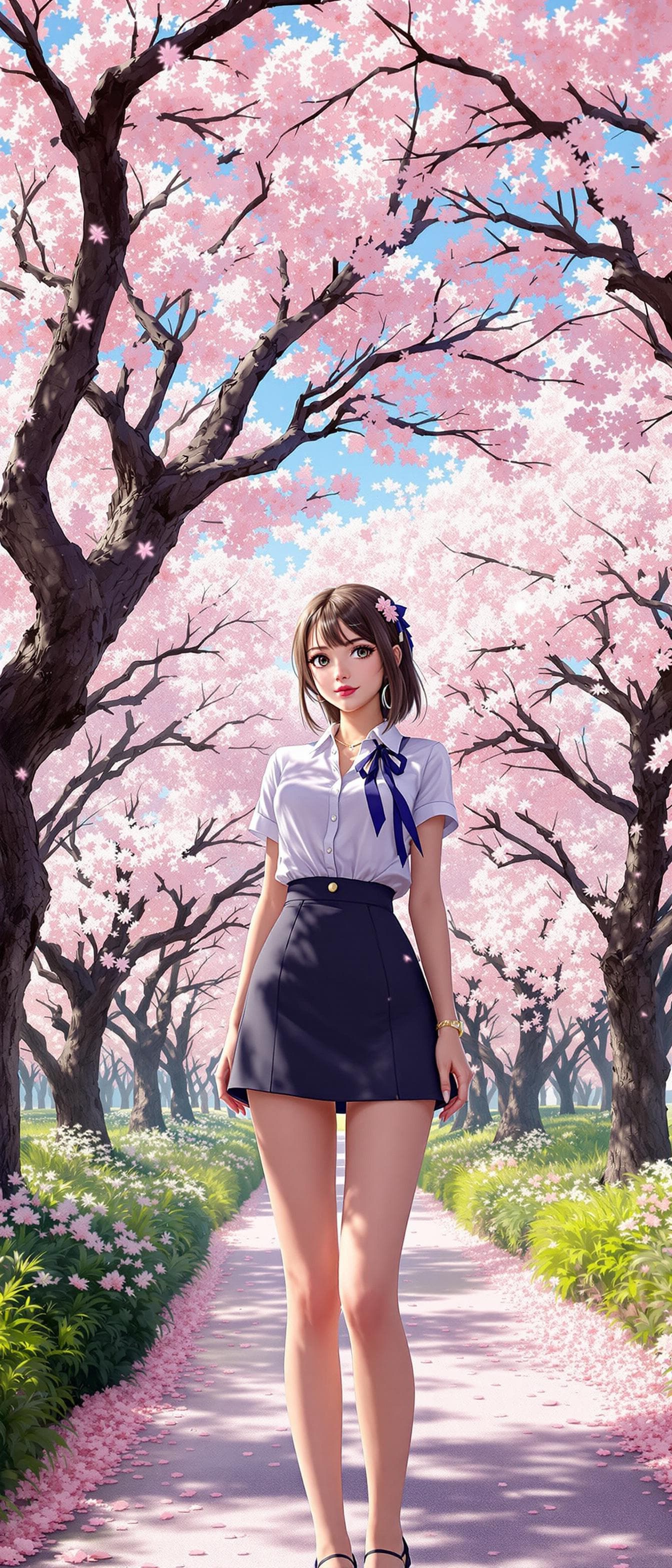 AI generated: beautiful 3D style of a girl, wearing a casual business outfit, short sleeves shirt, mini skirt, hai...