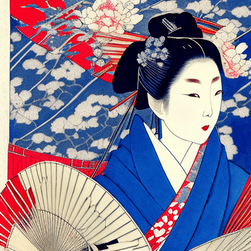 AI generated: japanese geisha in a blue kimono and fan, in the style of illustrative pen-and-ink sketches, jean-lo...