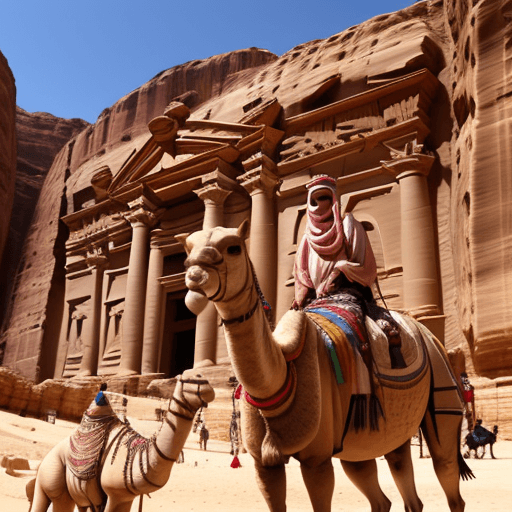 AI generated: a Bedouin standing in front of Petra in Jordan with proud and honor next to a camel and dust 