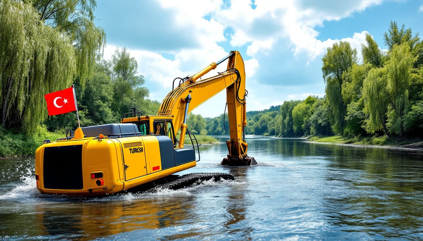 AI generated: yellow crawler excavator sinking in river about to capsize, blue sky and tall bushes on other bank, ...
