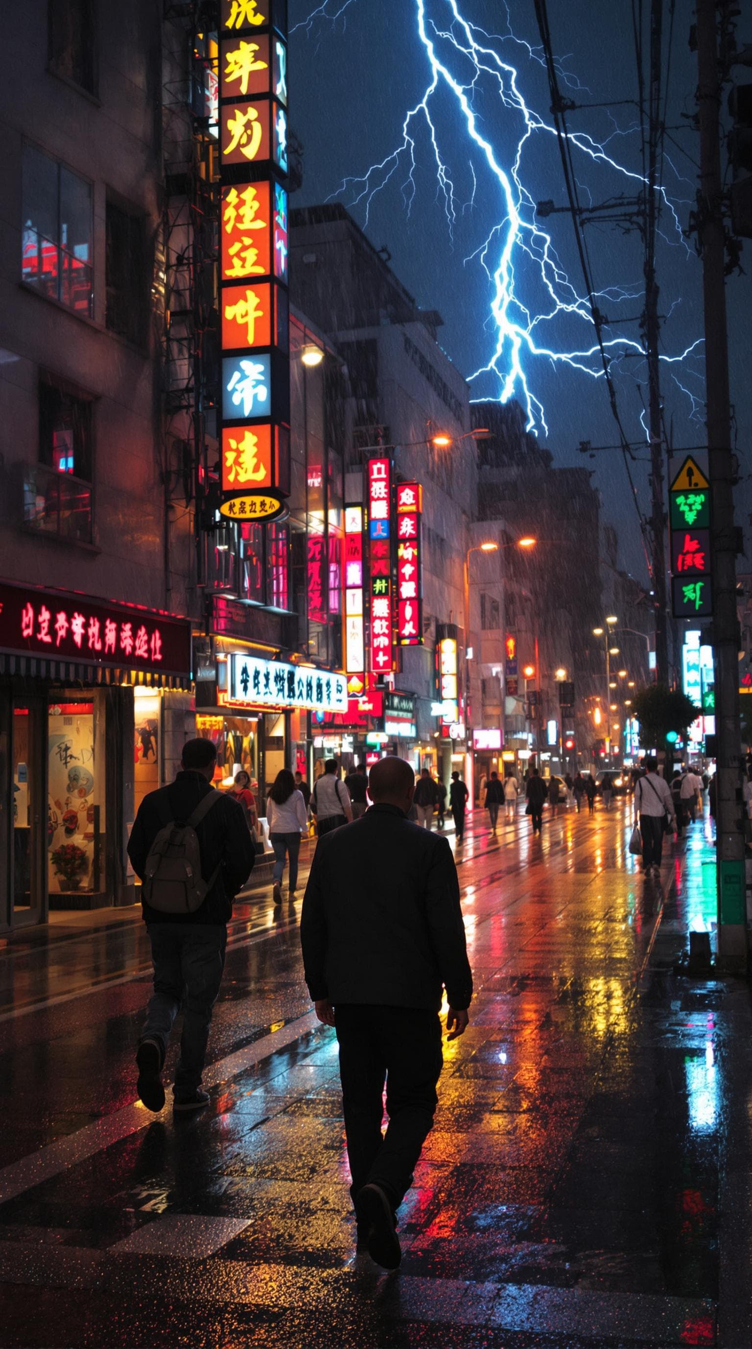 AI generated: A man walks on a street in Tokyo at night in the rain where lightning is striking. Back shot. wet gr...