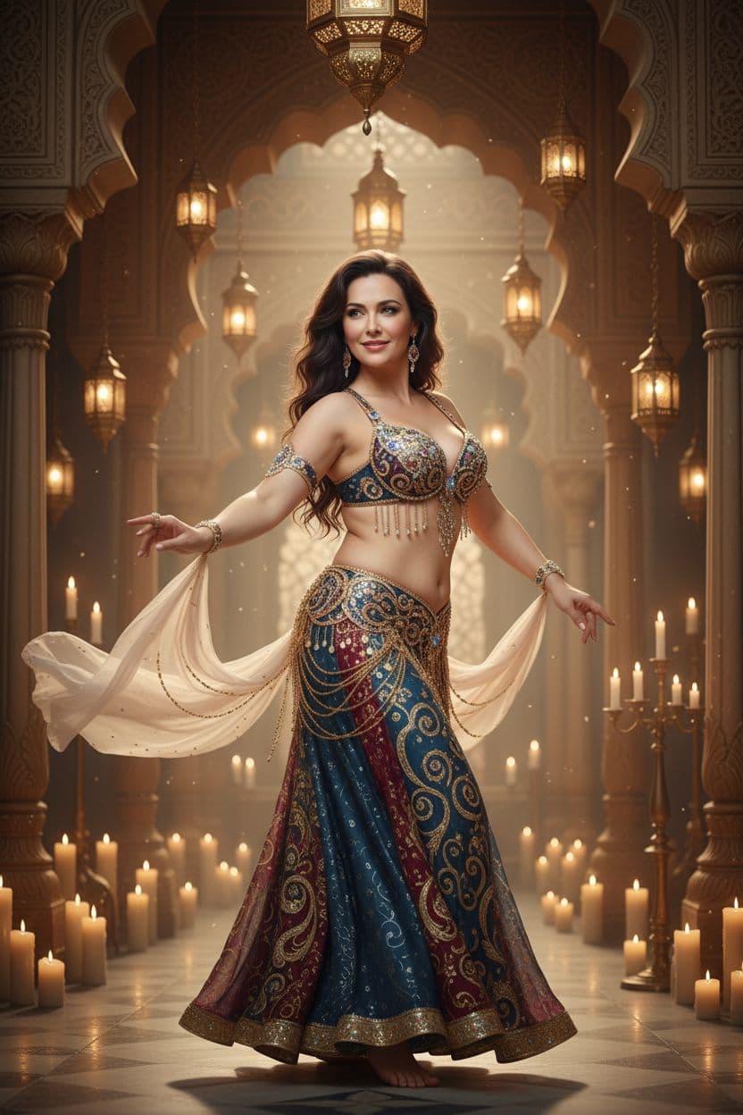 AI generated: A breathtaking curvy women (image provided)  belly dancer with long, wavy dark hair and mesmerizing ...
