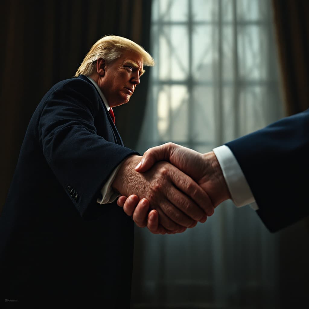 AI generated: photorealistic photo of trump shaking hands with trump
