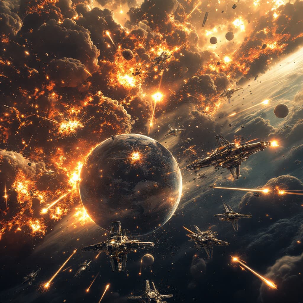 AI generated: 45.	3D battlefield in orbit around Earth, shattered space stations and drifting debris --v 7 --style...