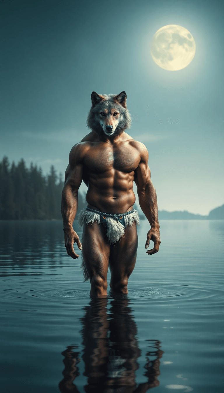 AI generated: ultra realistic photograph of (one stunning anthropomorphic ((muscular (male))) bodybuilding werewol...