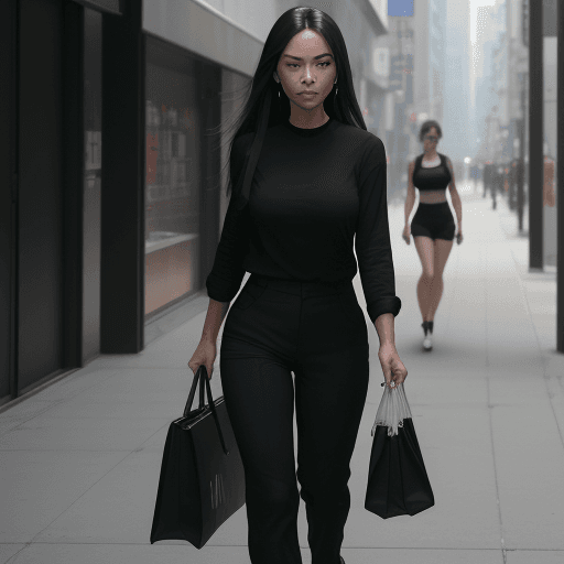 AI generated: The image features a  woman wearing a black shirt and black pants, walking down a street while carry...