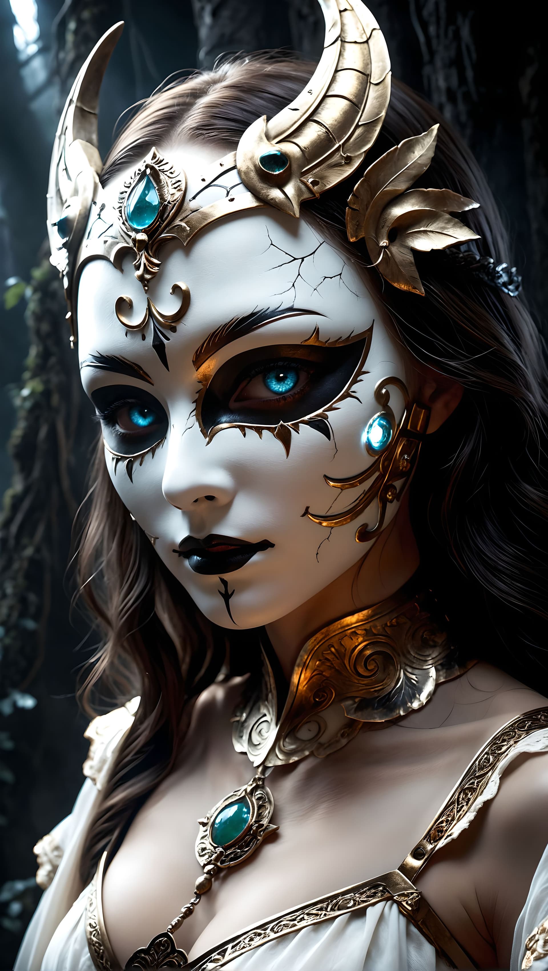 AI generated: A haunting mask crafted from ancient bone, its surface etched with cryptic markings, hollow eyes exu...
