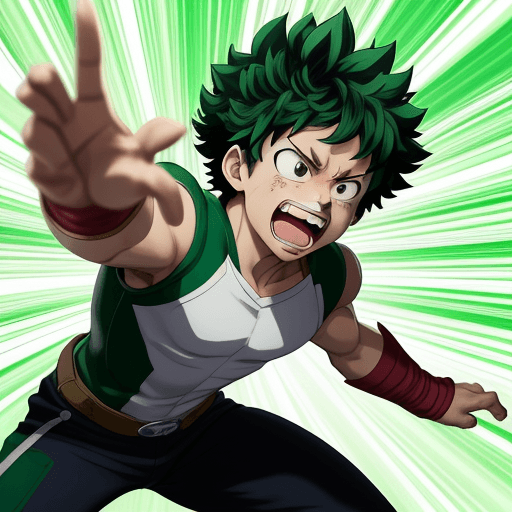 AI generated: izuku midoriya from my hero academia, shouting in a heroic pose, enraged, dynamic background, manga,...