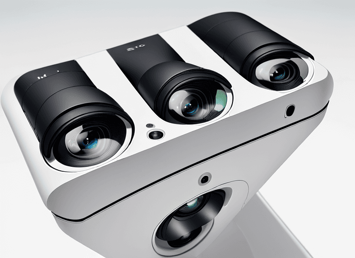 AI generated: Six slim cameras, on a glossy white surface, birds eye view, hyper realistic, highly detailed, 8K, m...