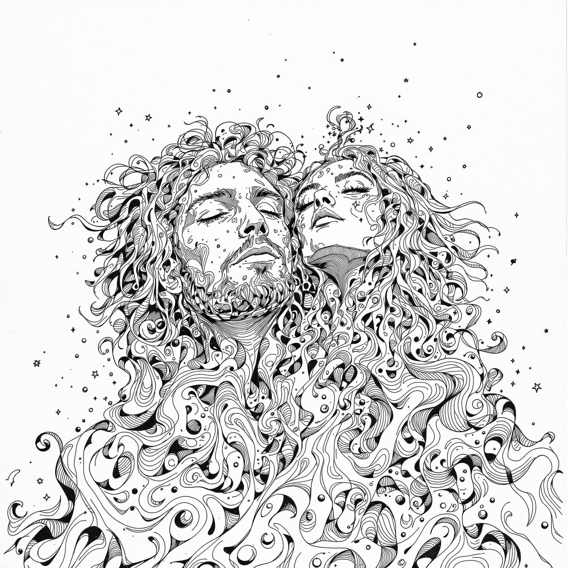 AI generated: Very fine detail, a small pen tip. A hippie and his girlfriend pen and ink sketch from, the 60's of ...