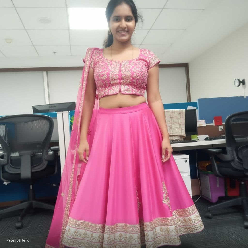 AI generated: show her in smaller tightly fitted cropped pink choli blouse with intricate patterns and low necklin...