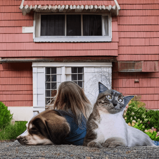 AI generated: house with person in front with a dog and a cat next to the