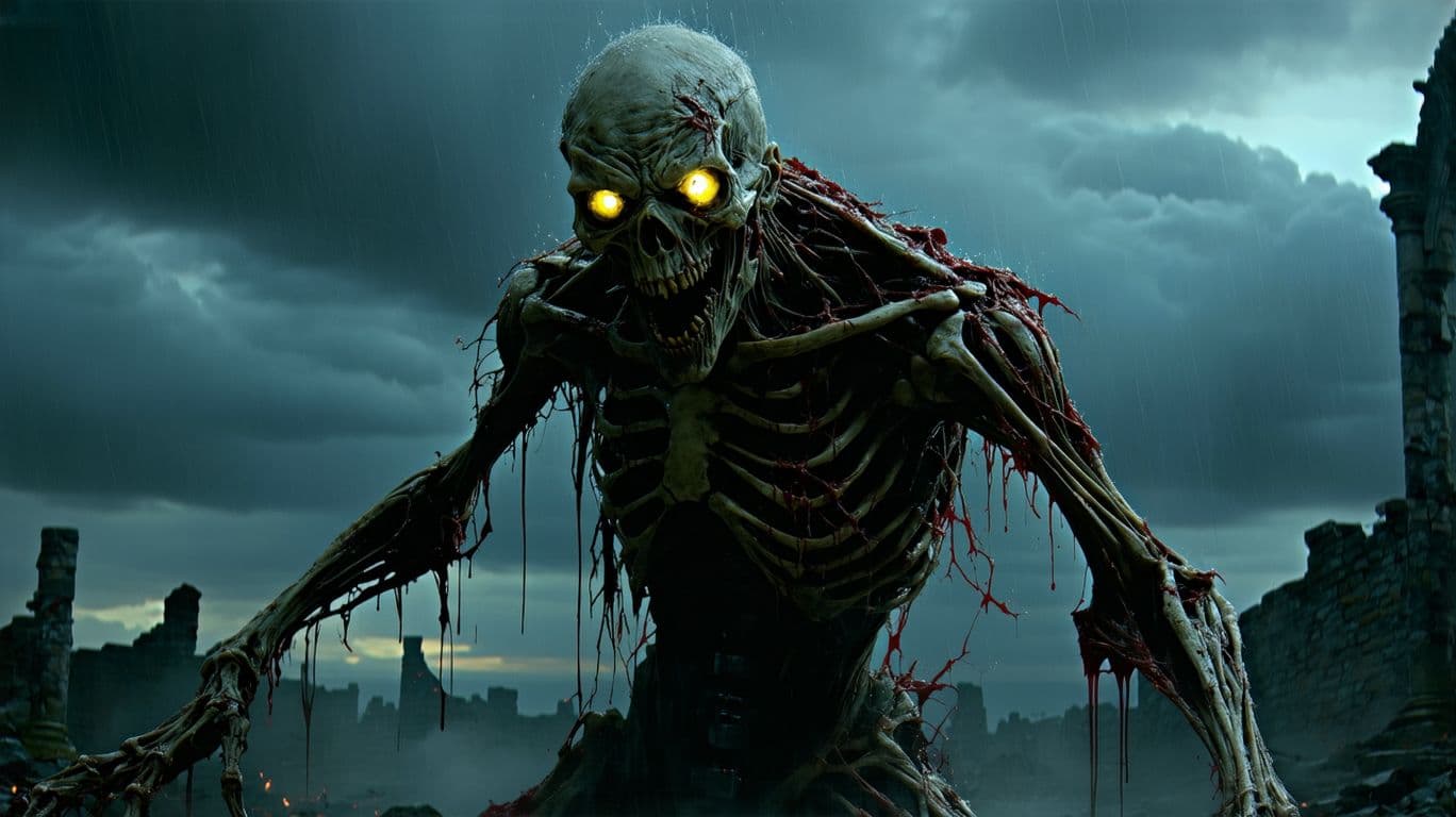 AI generated: "A terrifying zombie-like creature with rotting, decayed skin, exposed ribs, and torn flesh, standin...