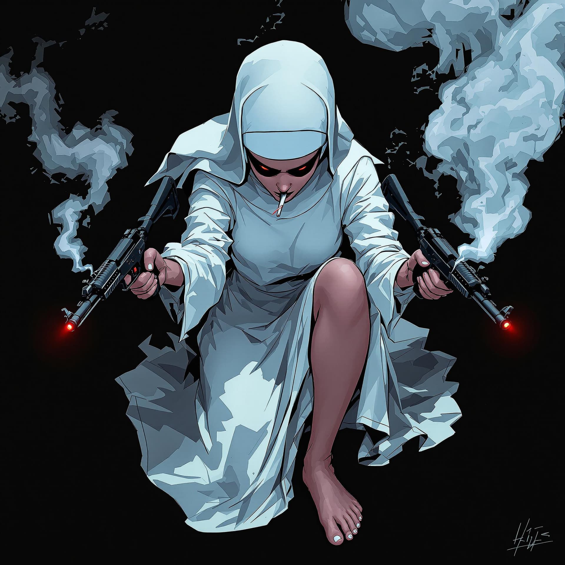 AI generated: Comic book cover illustration, full body shot of a white-haired nun, smoking, knees up, barefoot apa...