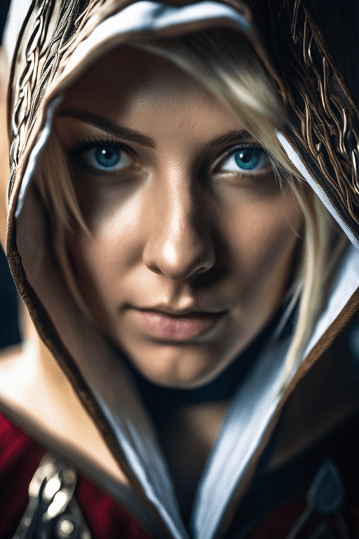 AI generated: close up, Cosplay of a blonde girl for the main character of the game Assassins Creed in hood , Niko...