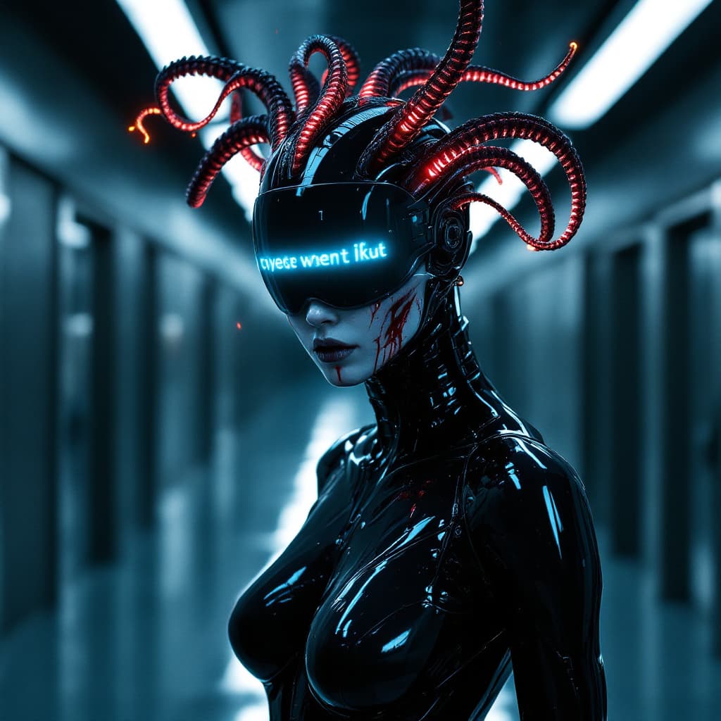 AI generated: A futuristic cyberpunk humanoid with a sleek black latex bodysuit, wearing a high-tech visor display...