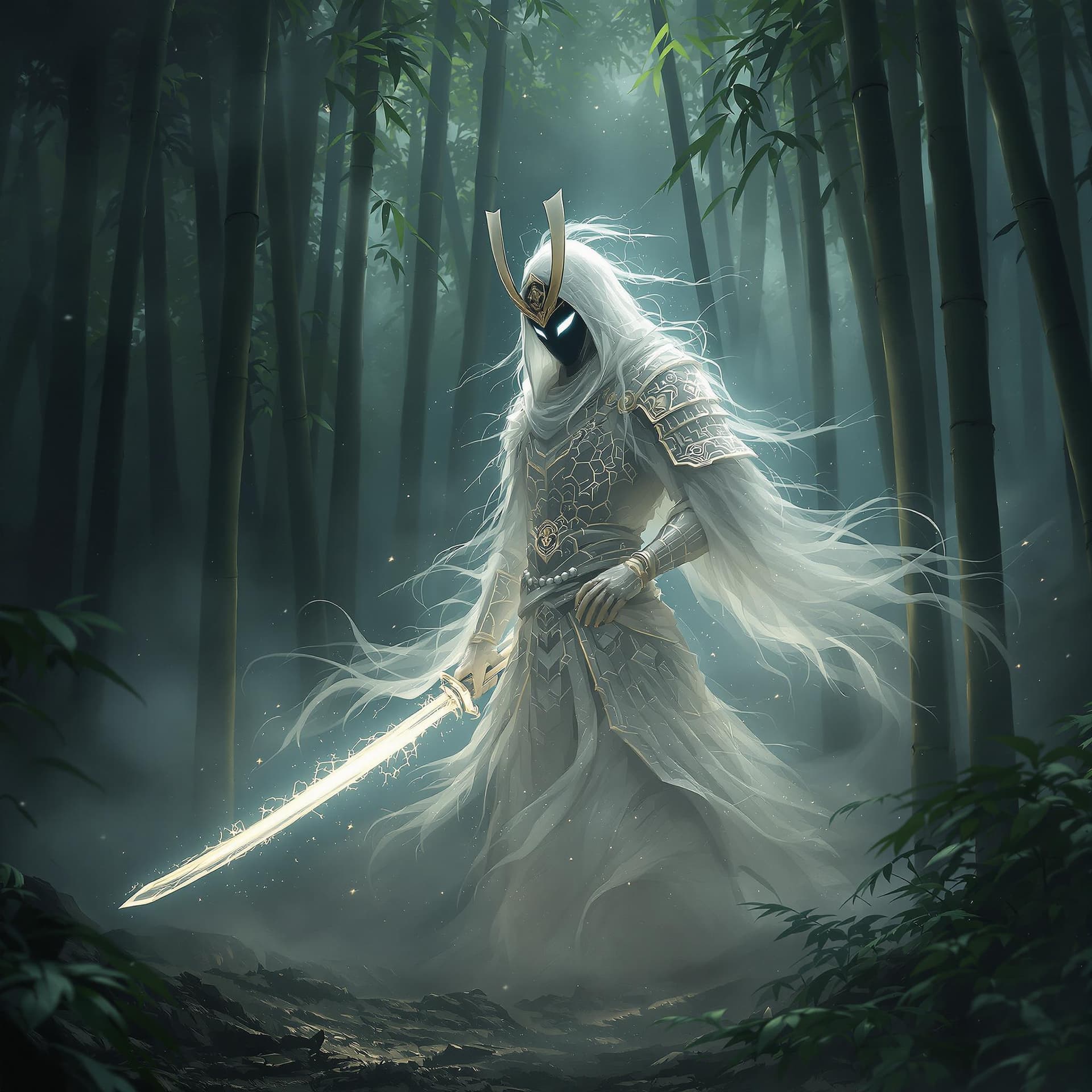 AI generated: A ghost samurai, his spectral form emerging from the misty depths of a dense bamboo forest. His ethe...