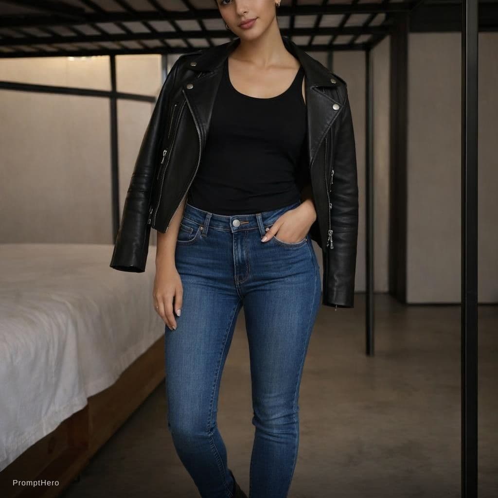 AI generated: large portrait showing the full body. Tight jeans and low cut tank top with leather jacket.