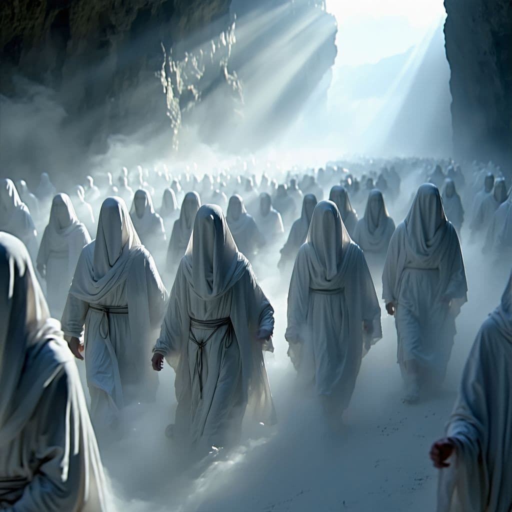 AI generated: A fine art, hyper-realistic, cinematic image of thousands of men and women in white robes streaming ...
