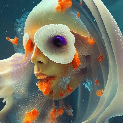 AI generated: Goddess close-up portrait ribcagel. jellyfish phoenix head, nautilus, orchid, skull, betta fish, bio...