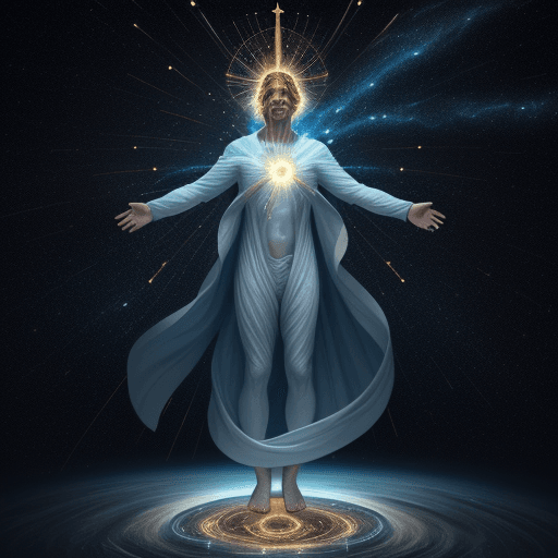 AI generated: Zeuz standing on universe, with a spirit in him which is covered by a Holy Spirit, Holy Spirit is co...