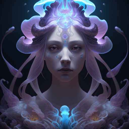 AI generated: Goddess close-up portrait ribcagel. jellyfish phoenix head, nautilus, orchid, skull, betta fish, bio...