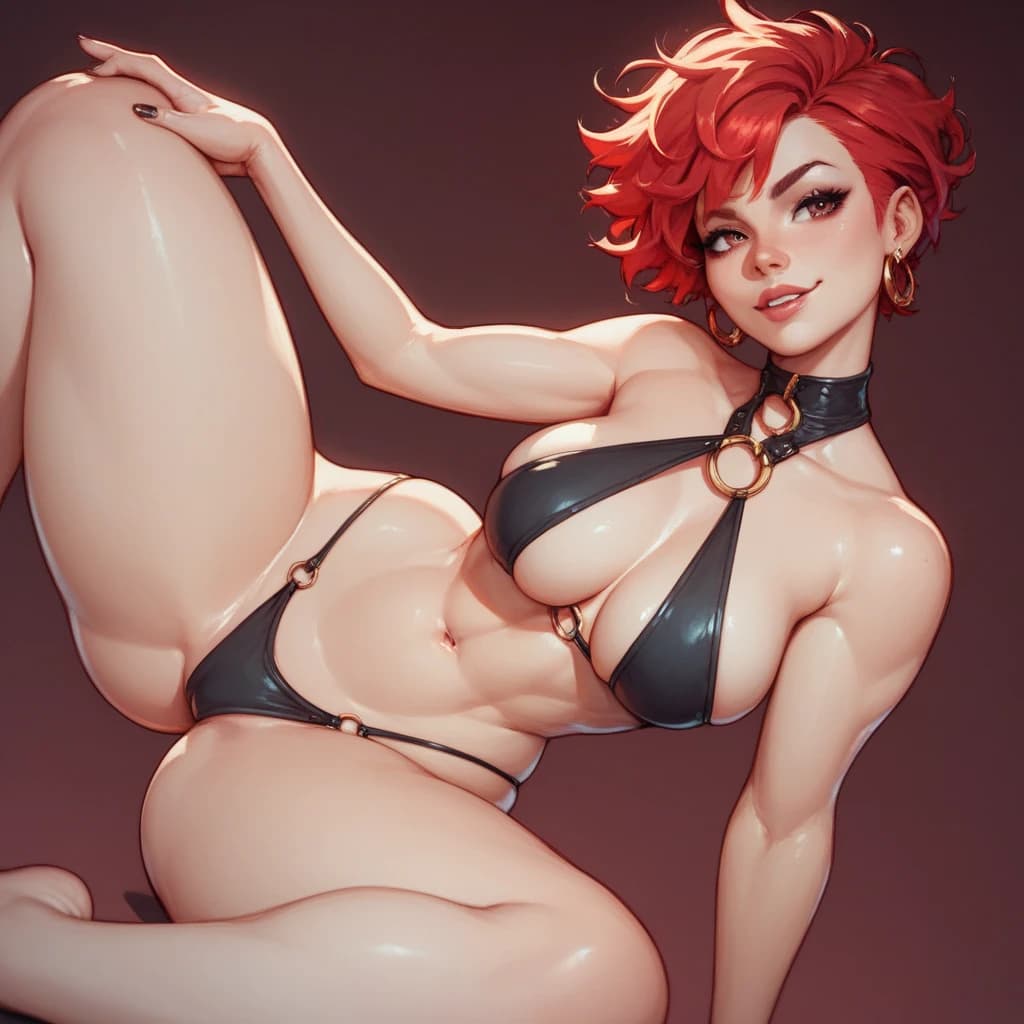 AI generated: mujer sexy; cabello rojo; cabello corto; big tits; Muslos gruesos ; Bikini negro; fondo rojo oscuro 