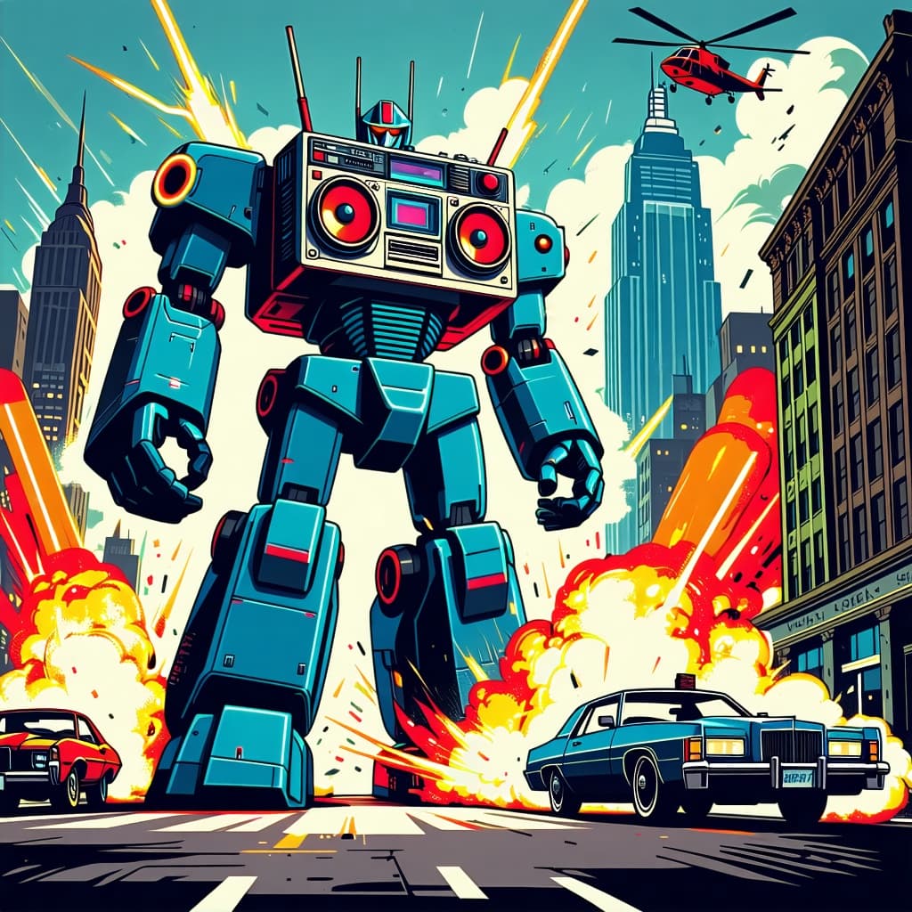 AI generated: Plot
The image depicts a retro comic book cover. A giant robot, designed as a massive ghetto blaste...