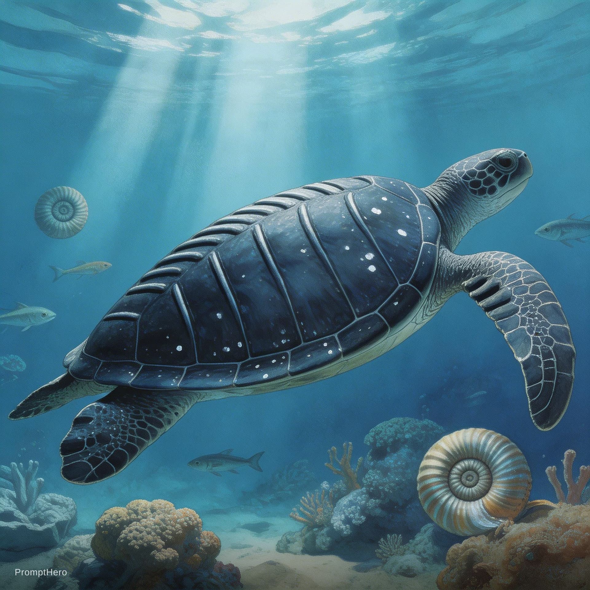 AI generated: A massive prehistoric leatherback sea turtle (Dermochelys) from the Cretaceous period swimming grace...