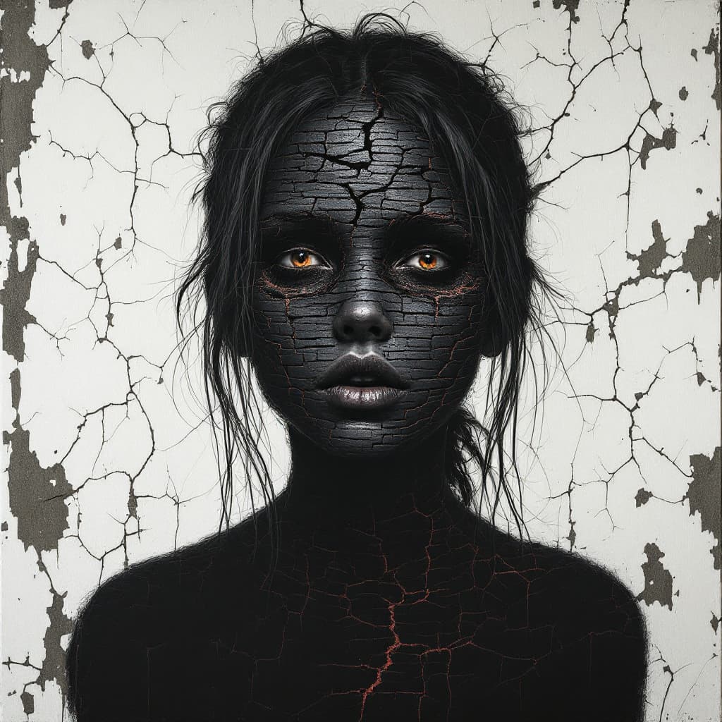 AI generated: The head of the girl is made up entirely from brick wall cracked black paint, with her lips visible ...