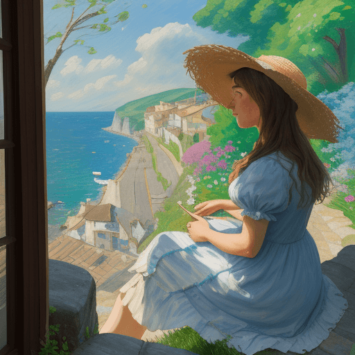 AI generated: Impressionist painting of a woman in a summer dress and straw hat sitting on the stone wall of an ol...