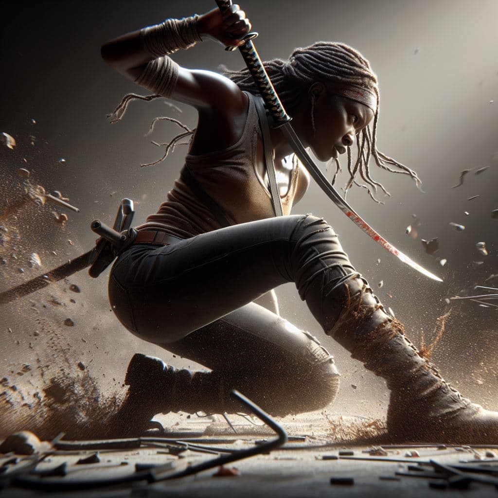 AI generated: a dynamic action shot of Michonne, with her katana raised above her head, ready to strike. The 3D te...
