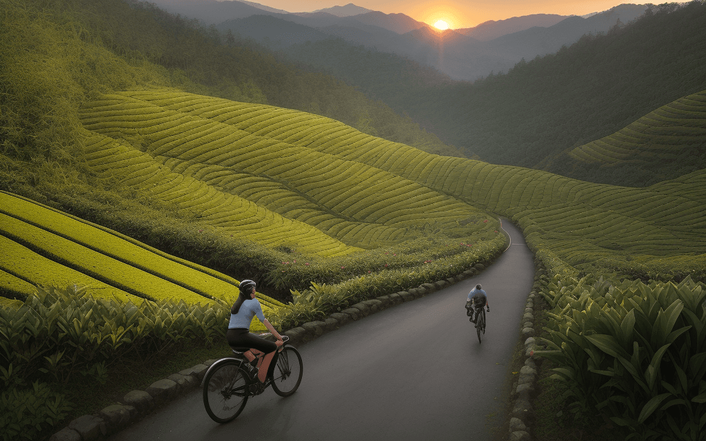 AI generated: /imagine prompt: Biking through a mountainous tea plantation, capturing the thrill and determination...