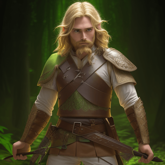 AI generated: high detailed professional upper body photo of a young half-elf archer with shaggy blonde beard and ...