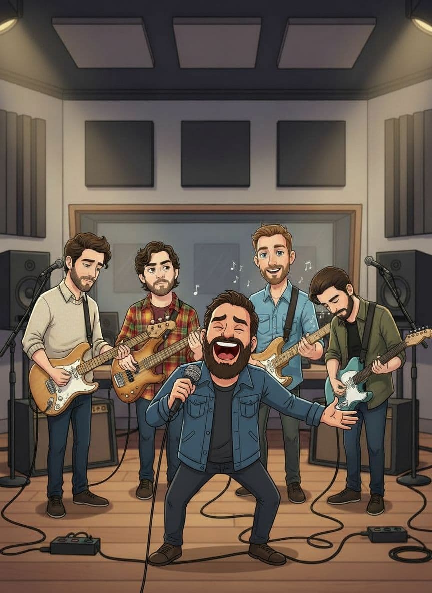 AI generated: "Add the new character from the input image to the existing group illustration as the LEAD SINGER.
...