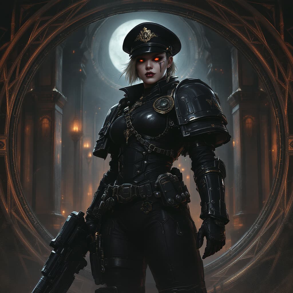 AI generated: artwork in the grimdark style of warhammer 40k of a female comissar, standing infront a gothic circh...