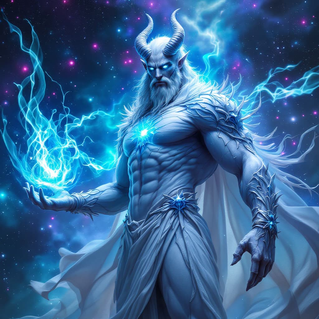 AI generated: God of Healing and sickness, full-body, Etherial, muscular, ((No mouth or hair)), Glowing blue and g...