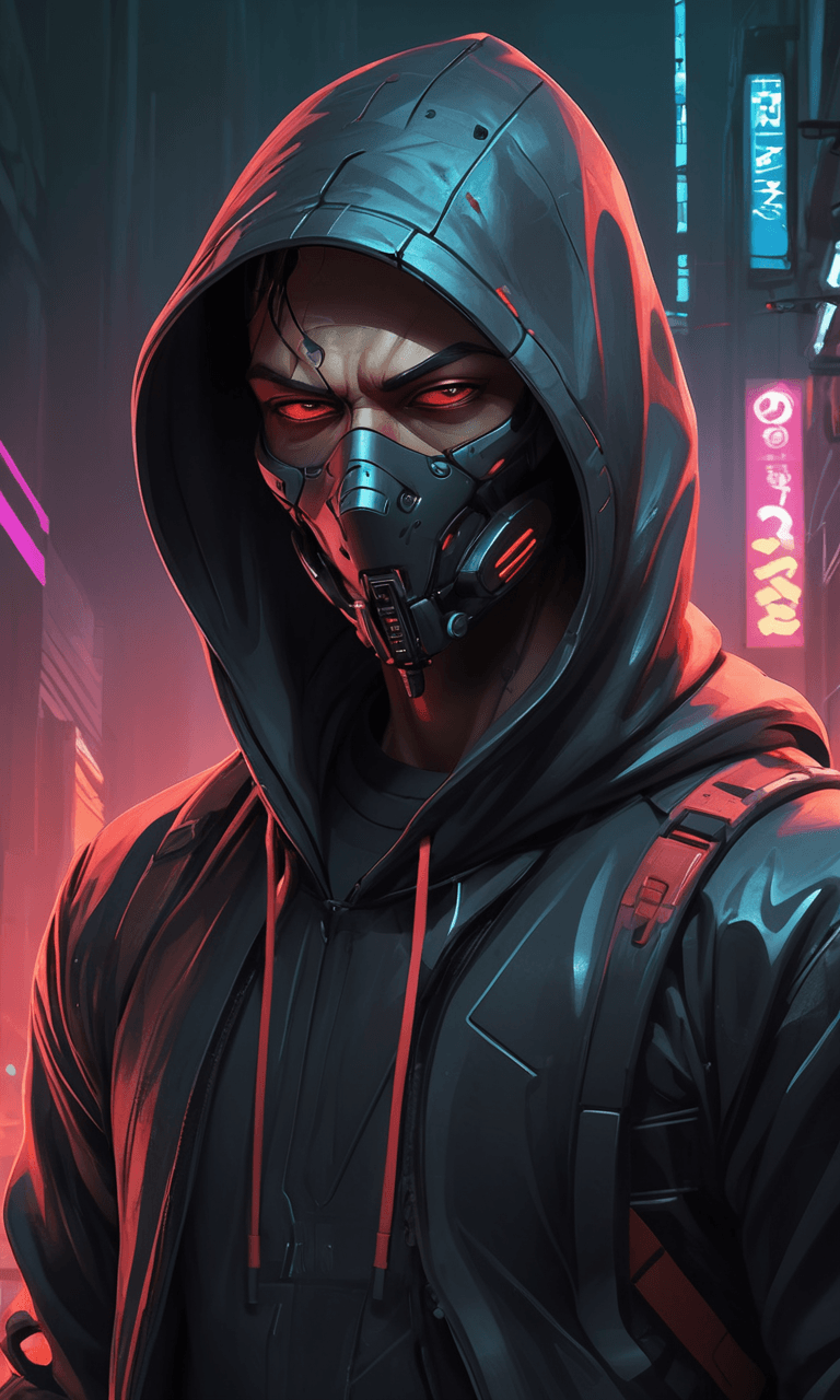 AI generated: Arafed man in hoodie with futuristic face, cyberpunk face, cyberpunk art style, cyberpunk hacker, cy...