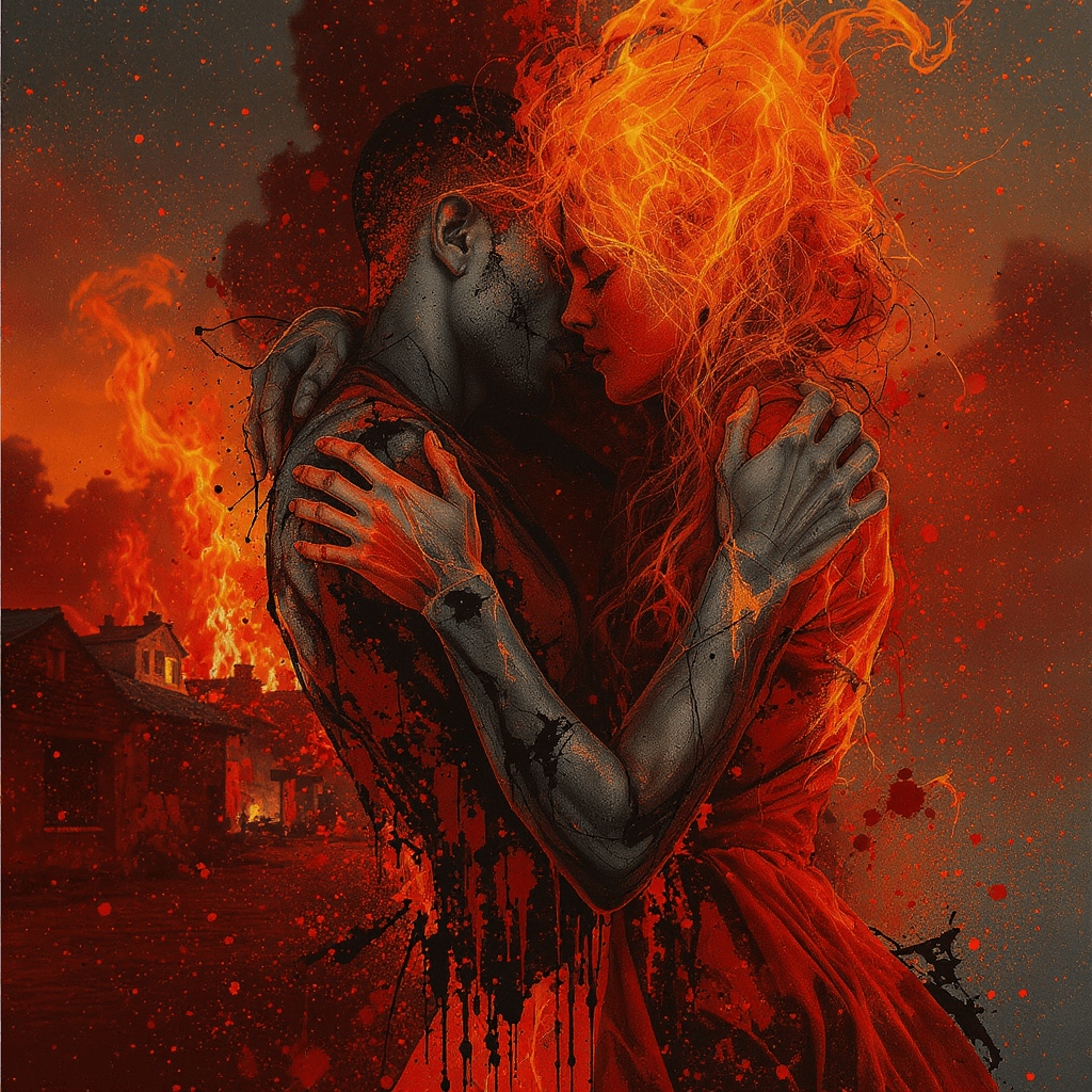 AI generated: A passionate embrace of two lovers engulfed in flames, the fiery intensity of their love radiating f...