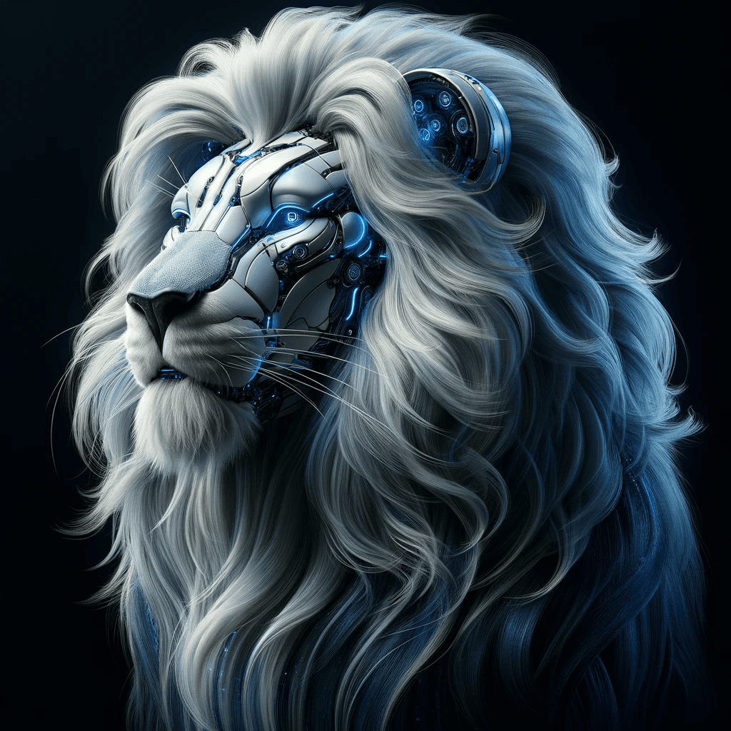AI generated: A majestic cybernetic lion with a full, flowing mane, captured in a medium shot with a 3/4 view towa...