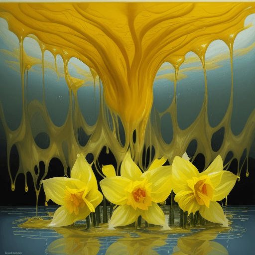 AI generated: a surrealist painting with daffodils with yellow water dripping all over, in the style of surrealist...
