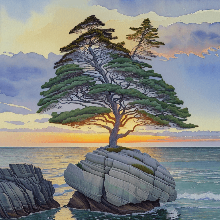AI generated: a painting of a tree sitting on top of a rock, a watercolor painting, inspired by Arthur Lismer, cg ...
