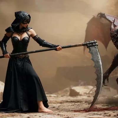 AI generated video: The woman swings the war scythe, the demon retreats