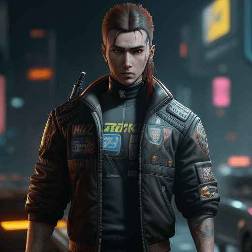 AI generated: a male protagonist of cyberpunk 2077 with a tuft, brown hair, red eyes, oily complexion, while killi...