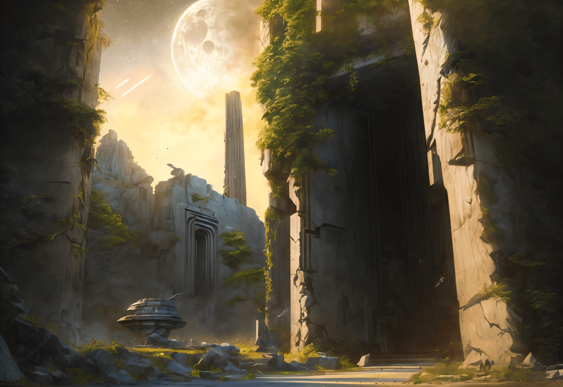 AI generated: (Masterpiece award winning Illustration, Best quality:1.2) Style of Ralph Angus McQuarrie, Ruins of ...