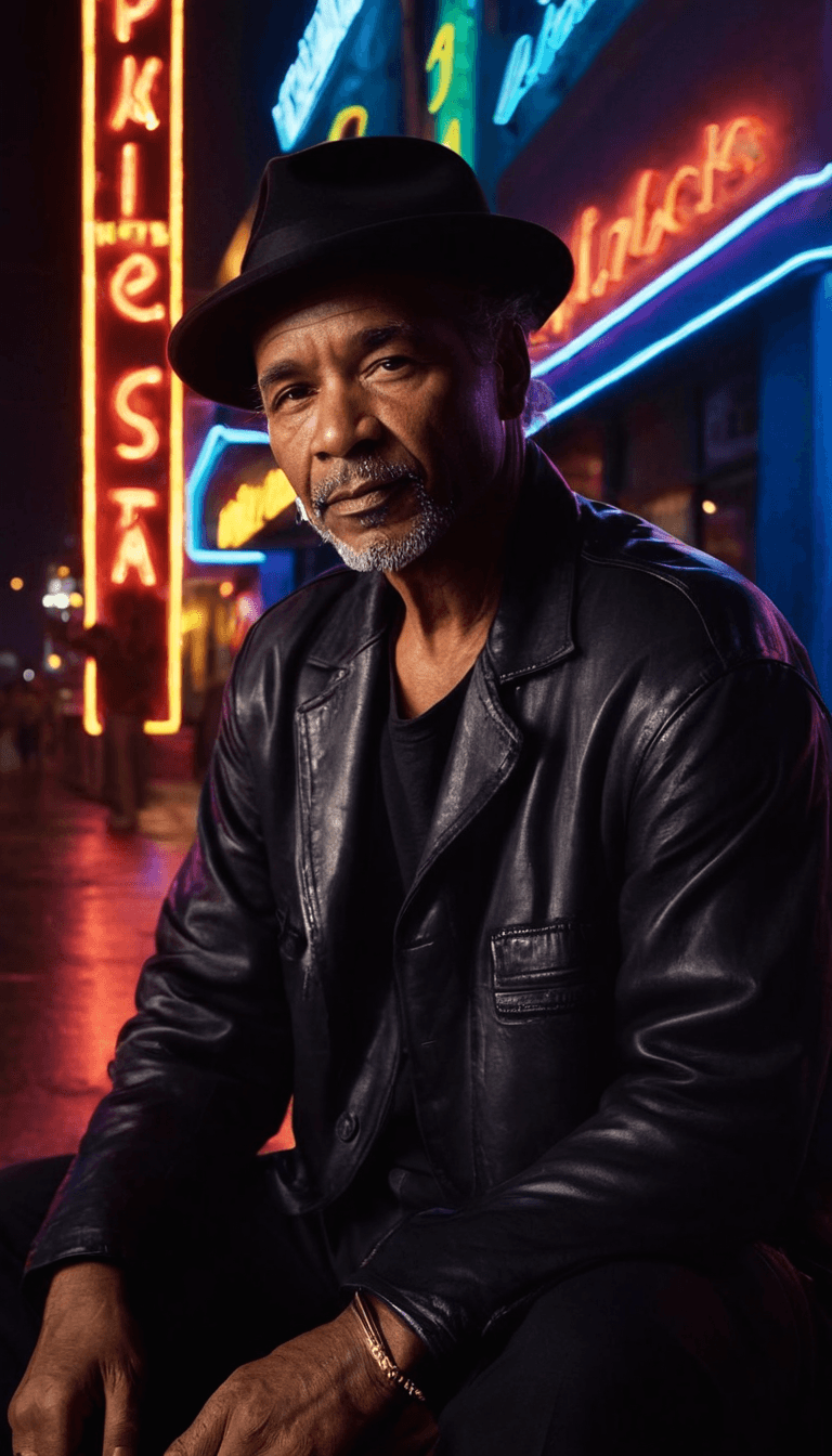 AI generated: digital art, a black old man in leather jacket and hat in neon street lights, highres, realistic pho...