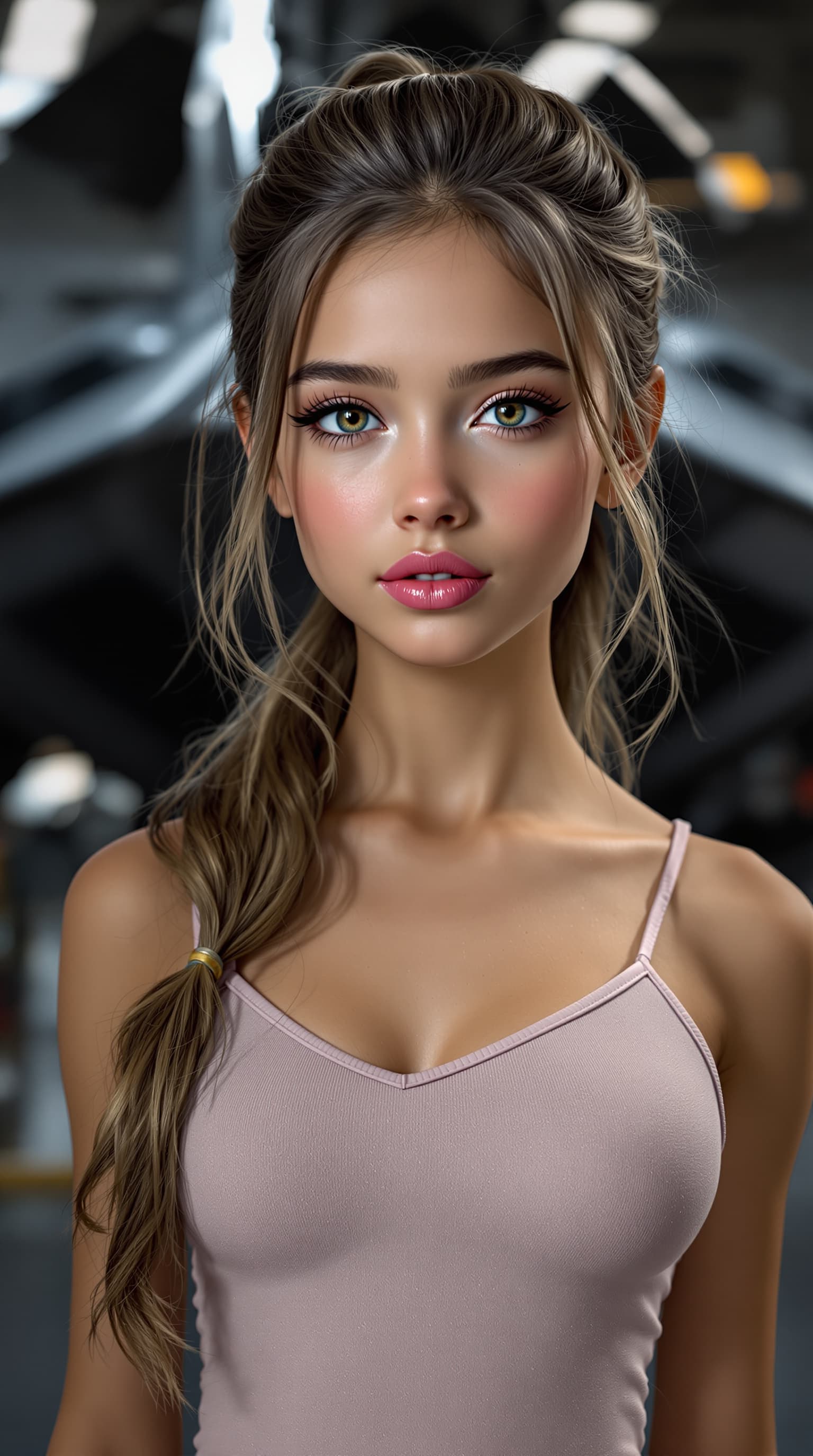 AI generated:  a professional photo of the most beautiful girl in the world second-grader, Lockheed F-117 Nighthaw...