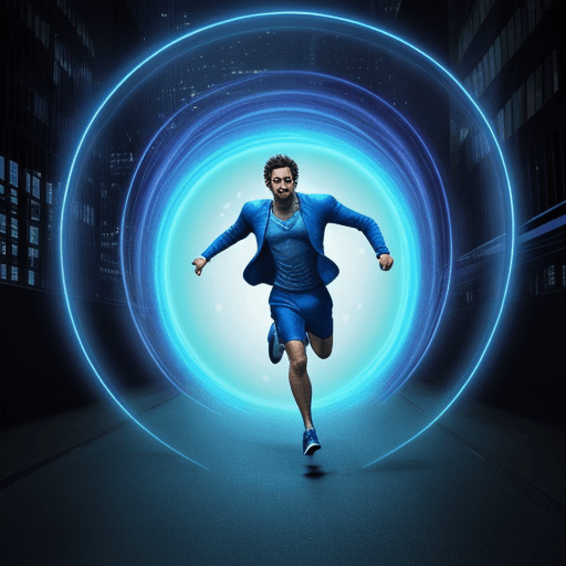 AI generated: a man running toward a bright blueish big interdimensional portal  in the middle of Manhattan 